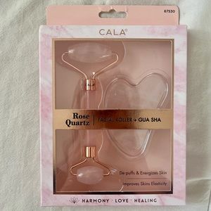 CALA Rose Quartz Facial Roller + Gua Sha Set in Pink